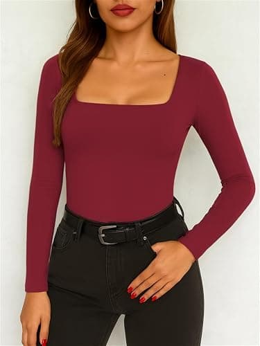 ForeFair Women Square Neck Long Sleeve Going Out Tops Tight Double Lined Basic Tees Shirt thumbnail 6