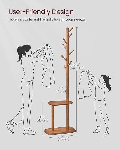 VASAGLE Coat Rack, Free Standing Coat Stand, Hall Coat Tree with 8 Hooks and Storage Shelf, 67.2 Inch Tall, for Coats, Hats, Bags, for Entryway, Hallway, Bedroom, Caramel Brown URCR040K01 thumbnail 5