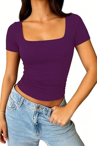 ForeFair Square Neck Top for Women - Going Out Summer Cute Short Sleeve Shirt Basic Ruched - Image 1