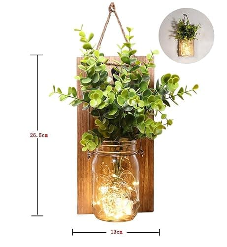 Rustic Wall Sconces, Mason Jar Sconces, Farmhouse Home Decor, LED Fairy Lights, Green Fake Plant, Interior Decoration Warm Toned Lighting. (2 Pack) thumbnail 3
