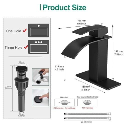 VOTON Black Bathroom Faucets Modern Waterfall Bathroom Sink Faucet Matte Black Single Handle Bathroom Faucet for 1 or 3 Holes with Deck Plate and Pop-Up Drain, Rv Sink Camper Farmhouse Bathroom Faucet thumbnail 2