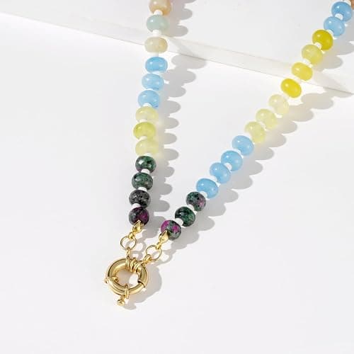 KissYan Beaded Gemstone Necklace for Women, Colorful Boho Bead Choker Natural Stone Surfer Beach Necklaces 14K Gold Plated Summer Handmade Jewelry thumbnail 8