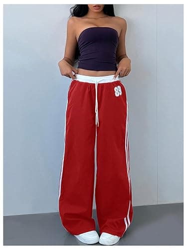 WDIRARA Women's Wide Leg Baggy Sweatpants Side Striped Number Graphic Track Pants with Pockets thumbnail 3