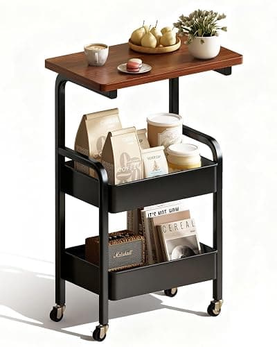 3 Tier Metal Rolling Utility Cart Organizer with Walnut Table Top, Stable and Sturdy Rolling Storage Carts with 2 Lockable Wheels for Kitchen,Bathroom,Snacks,Coffee,Craft,Makeup,Baby Essentials - Image 1