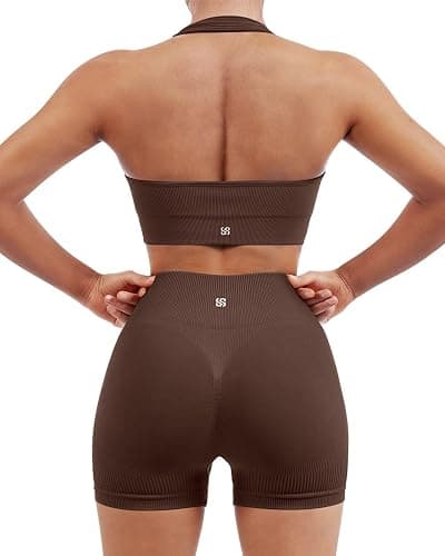 SUUKSESS Women Seamless Ribbed Workout Set Backless Sports Bra Booty Biker Short - Image 1