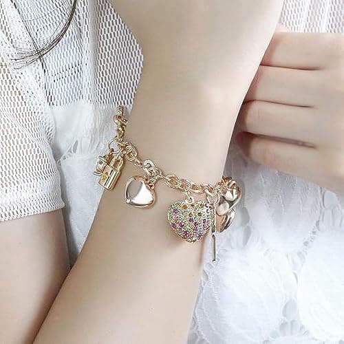 SILANER Gold Chain Link Bracelet - 7"+ 2" Extender 14K Gold Plated Love Locked Bracelets for Women, with Crystal, Love Heart,Key, Lock, Charm Bracelet thumbnail 3
