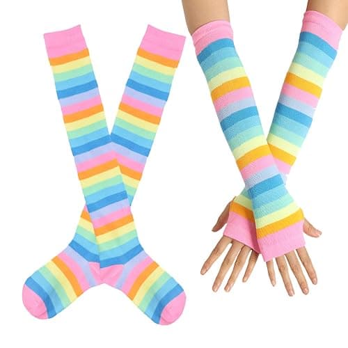 SherryDC Womens Girls Cosplay Rainbow Striped Knee High Socks Leg Arm Warmer Fingerless Gloves Set - Image 1