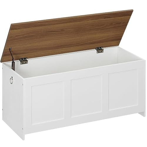 HOOBRO Storage Bench, 39.3" Retro Wooden Storage Chest, Wooden Storage Trunk, Toy Chest with Lift Top, Multifunctional Entryway Organizer, for Entryway, Living Room, White and Walnut WH141CW01 - Image 1