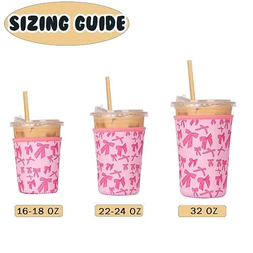 Reusable 3-Pack Iced Coffee Cup Sleeve, Insulated Neoprene, Beverage Holder for Iced Coffee, Durable Drink Sleeve for Cold Beverages, Pink Bows thumbnail 5