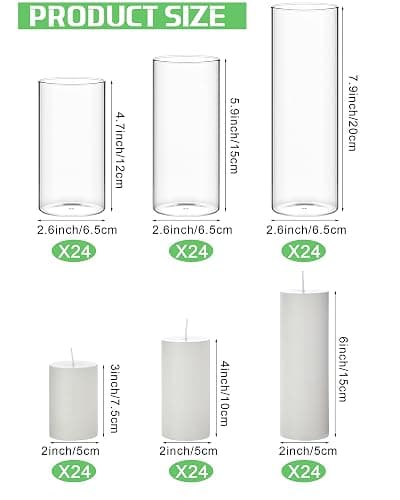 Shihanee 144 Pcs Pillar Candles and Glass Cylinder Vases Clear Cylinder Holders for Slim Pillar Candles Table Decoration (White) thumbnail 2