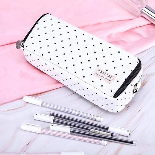 iSuperb Multi Compartments Pencil Case 3 Zippers Pencil Pouch Bag Square Grid Cosmetic Bags Organizer - Black Dots thumbnail 6