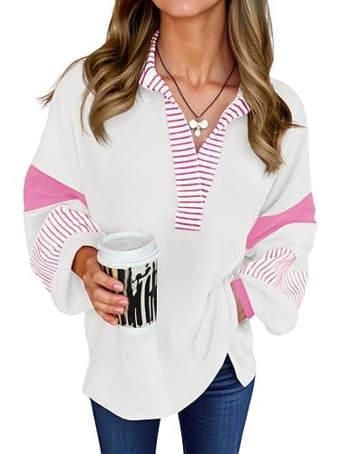 Fisoew Womens Color Block Oversized Sweatshirt Polo V Neck Long Sleeve Shirts Casual Loose Pullover Tops - Image 1