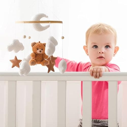 Uixxducc Mobile Baby Windspiele, Babybett Mobile 3D Bär Hase Kaninchen Wolken, Kinderzimmer Hängende Bettglocke, Neugeborenen Geschenk für Baby Jungen und Mädchen (Braun Bär) thumbnail 6