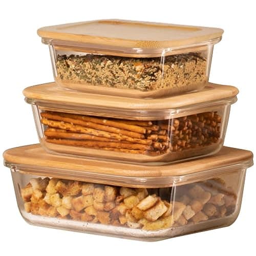 KHG Frischhaltedosen Glas Set 3-teilig Holz Deckel Bambus rechteckig, verschiedene Größen, auslaufsicher, luftdicht, spülmaschinengeeignet, mikrowellen- und backofengeeignet - - 3er Set Rechteckig - Image 1