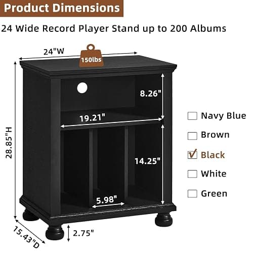 Joaxswe Record Player Stand with Vinyl Record Storage, 24" Wide Mid-Century Record Player Table Up to 200 Albums,Large Wood Turntable Stand Cabinet Dispaly Shelf for Living Room,Bedroom,Black thumbnail 2