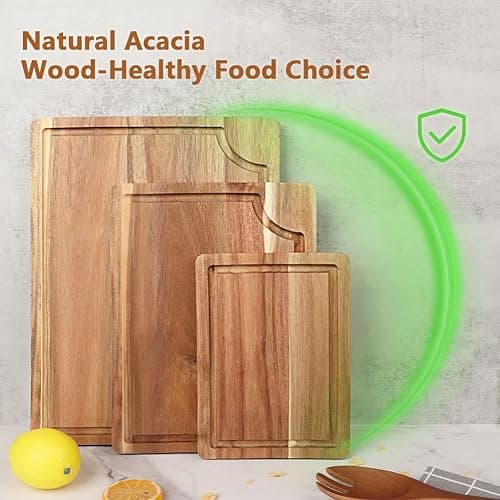 Acacia Wood Cutting Board Set with Juice Groove (3 Pieces), Organic Wooden Cutting Boards for kitchen, Butcher Block Cutting Board for Meat, Vegetable, Wooden Chopping Board 15x10, 12x8, 9x6 inch thumbnail 5