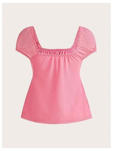 SOLY HUX Women's Short Sleeve Babydoll Tops Cute Summer Blouse | Peplum Top for Teen Girls, Square Neck, Lace Tops, Summer T Shirts thumbnail 2