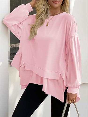 Tankaneo Womens Oversized Tops Peplum Puff Long Sleeve Shirts Trendy Casual Loose Fit Crew Neck Tunic Shirts thumbnail 3