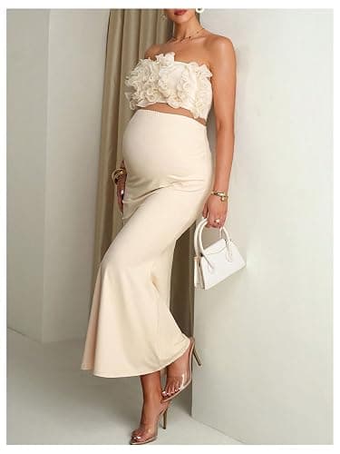 SweatyRocks Women's Maternity 2 Piece Sets Off Shoulder Outfits Photoshoot | Pregnancy Formal Outfits, Crop Tube Top Fishtail Maxi Skirt Outfits, Cocktail Music Festival Outfits thumbnail 2