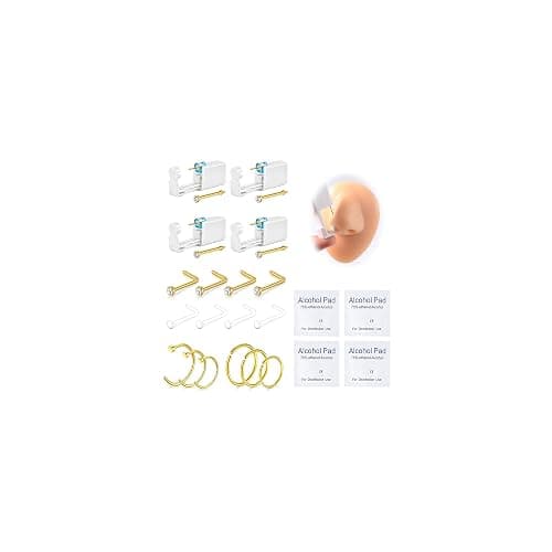 DJCIW 22PCS Nose Piercing Kit, Nose Piercing Guns with Preloaded 316L Stainless Steel 20G Nose Studs, UV Nose Screw Studs, and Nose Hoop Rings 6mm 8mm 10mm for Men Women Nose Piercing Golden - Image 1