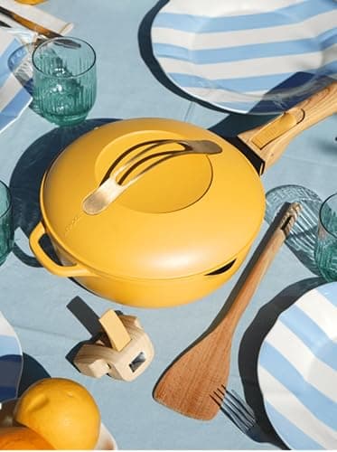 COOKUT - La Fabuleuse poêle 8 en 1 – Un seul ustensile qui remplace poêle, casserole, sauteuse - Avec 2 poignées amovibles, panier vapeur/friture, spatule en bois - Mangue thumbnail 3
