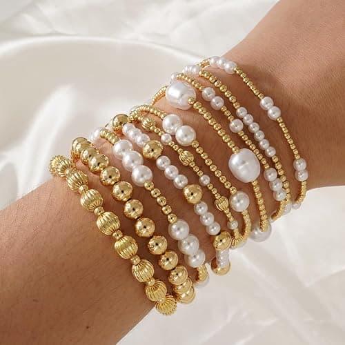 SHINUS BOHO Dainty Cross Clover Gold Beaded Pearl Bracelet Stack for Women,Handmade Boho Gold Plated Beads Stretch Stackable Bracelets Fashion Birthday Prom Jewelry Accessories Gift Friendship thumbnail 2
