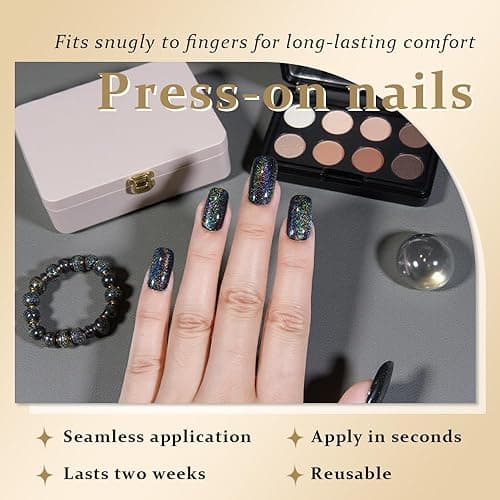 Black Chrome Cat Eye Medium Press on Nails Square, Medium Square Glue on Nails for Women Gift, Black Colorful Iridescent Metallic Glitter Glossy Reusable Summer Stick Gel Press on Acrylic Fake Nail thumbnail 3