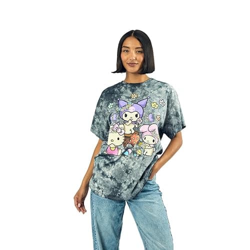 Kuromi, My Melody and Hello Kitty Puff Print Mushroom Scene Women's Black Cloud Wash Crew Neck Short Sleeve T-Shirt - Image 1