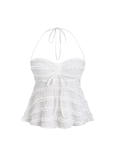 SOLY HUX Women's Peplum Halter Crop Tops Y2K Drawstring Tie Ruched Dressy Casual Spaghetti Strap Cami Top - Image 1