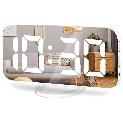 Lamisola White Digital Alarm Clock for Bedrooms, Large LED Mirror Despertador Digital Clocks, Nightstand Bedside Desk Table Clocks for Bedroom Office Living Room, USB Powered - Image 1