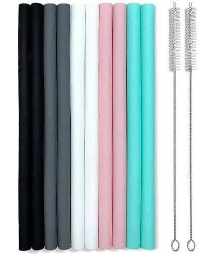 Silicone Straws Set of 10 Straight Smoothies Straws Large Silicon Reusable Drinking Straws with Cleaning Brushes Extra Long for 20oz and 30oz Tumbler - Flexible - Image 1