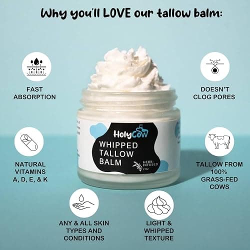 HolyCow 100% Grass Fed Beef Tallow For Skin - Whipped Tallow Balm with Organic Jojoba Oil (Unscented/Herb-Infused), Grass Fed Beef Tallow Face Moisturizer for Eczema, Baby, Lip Balm thumbnail 2