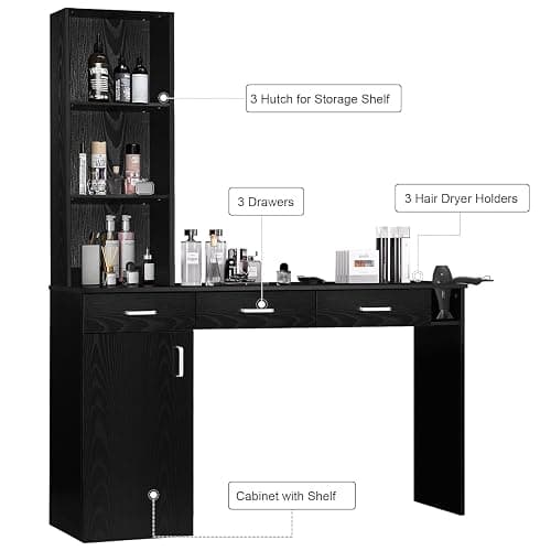 4ever2buy Barber Station for Hair Stylist, Salon Wall Station with Barber Cabinet, Hair Stations Equipment Hair Dryer Holder, Drawers, Wall Mount Barber Beauty Station, Mirror not Included, Black thumbnail 9