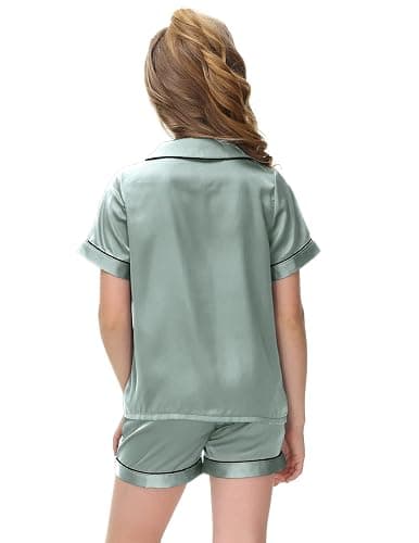 Veseacky Unisex Satin Pajamas Set Boys Girls Silk Pjs Short Sleeve 2 Piece Sleepwear Button-Down Kids Nightwear(4-13T) thumbnail 4