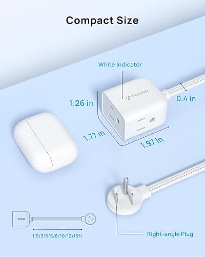 TROND Rightward Flat Plug Extension Cord 6ft for Small Tight Spaces, White | Low Profile 3 Sided Power Cube Fit Large Plug, 16 AWG, 13 A for Indoor Home Office Kitchen Behind Bed Furniture, ETL Listed thumbnail 7