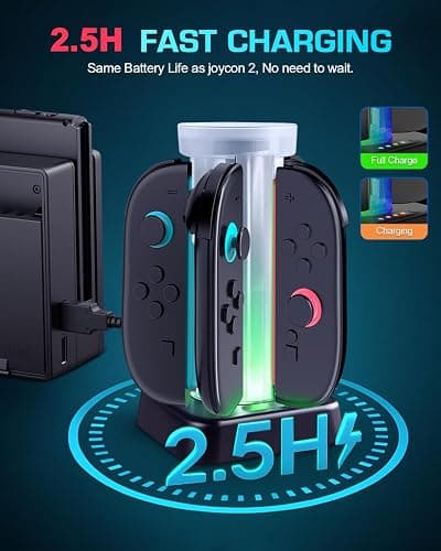 Charging Dock for Switch 2 Joycons Game Controller, Charging Station with 5 Colors RGB Light and 6 Game Card Storage Slots thumbnail 2