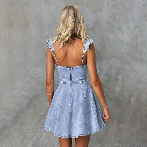 utcoco Denim Dress for Women Ruffle Adjustable Strap Sleeveless Backless Babydoll Mini Jean Dresses thumbnail 6