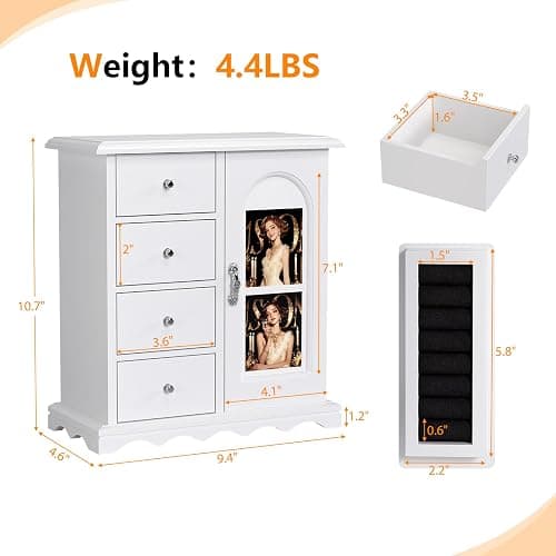 VINGLI Jewelry Box with Photo Frame, White Jewelry Organizer for Women, Arched Wooden Keepsake Case with 4 Drawers, Rotating Necklace Hooks & Velvet Lining, Vintage Gift for Girls Bedroom thumbnail 2