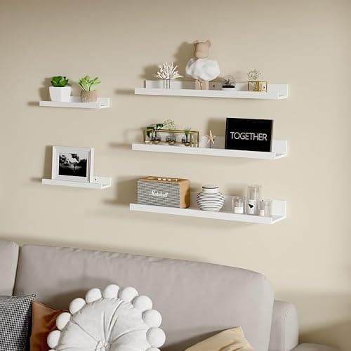 Giftgarden 24 Inch Wall Mounted Floating Shelves Set of 5, White Wood Wall Shelves for Bathroom, Bedroom, Kitchen, Living Room Storage and Decoration, Wooden Picture Ledge thumbnail 2