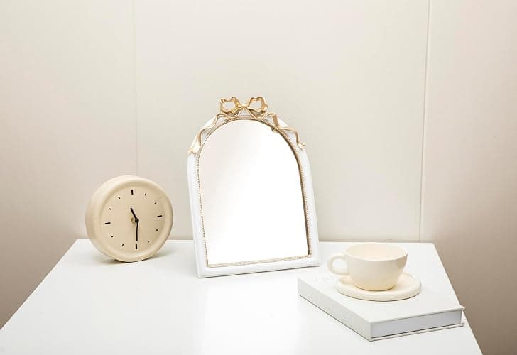 Stylor Vintage Coquette Bow Desk Mirror - Gold Antique Vanity Room Decor, Small Ornate Arched Makeup Mirror, Decorative Victorian Table Top Mirror thumbnail 7