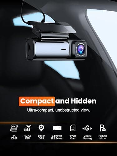 Affver 4K Dash Cam Front and Rear, Built-in 5G WiFi GPS, 64GB Card Included, 3.59'' IPS Screen Dash Camera for Cars, Dual Dashcam with G-Sensor, Loop Recording, WDR, Night Vision, 24H Parking Monitor thumbnail 2