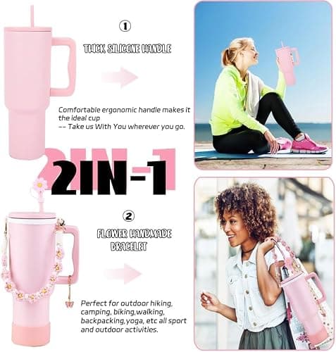Sanilinwild 40 oz Tumbler with Handle Straw and Accessories, Drop & Abrasion Resistant, Vacuum Double-Layer Insulation, Ideal for Camping, Fitness, Outdoor Use - Pink thumbnail 2