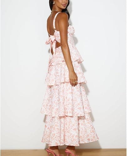Tiered Ruffle Dress Women Casual Summer Spaghetti Strap Sleeveless Floral Layered Maxi Dress for Women Beach Sundress thumbnail 2