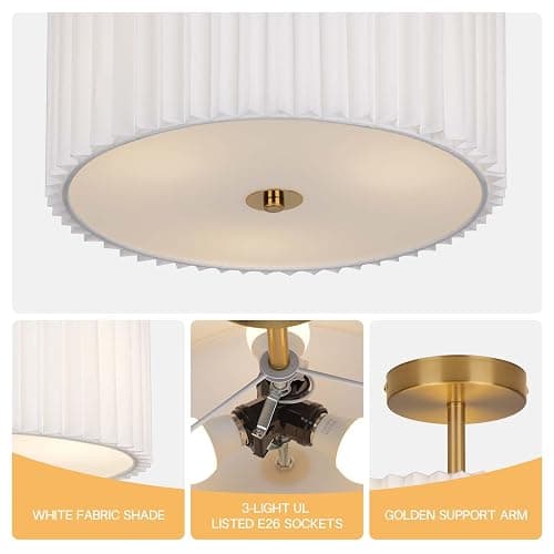 Modern Semi Flush Mount Ceiling Light with Pleated Fabric Shade, 12.5” Drum Gold Light Fixture with Lights, Warm White Linen Lamp for Bedroom, Living Room, Dining Room, Hallway, Kids Room thumbnail 3