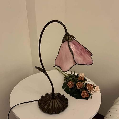 Bieye L10810 Flower Tiffany Style Stained Glass Table Lamp with 8-inch Wide Bent Glass Lampshade Lily Pad Base (1-Light, Pink) thumbnail 5
