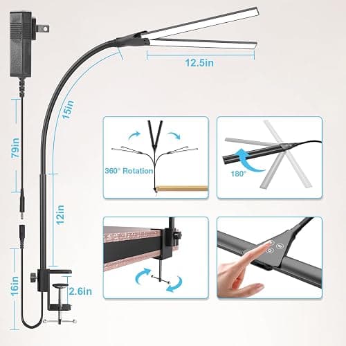 LED Desk Lamp for Home Office, Bright Double Head Desk Lamp with Clamp, Dimmable 5 Color Modes Desk Lighting, 12W Eye-Caring Architect Table Lamp for Workbench, Monitor, Reading, Study, 1400lm thumbnail 7