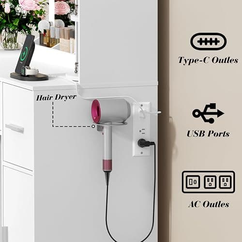 EasyCom Vanity Desk with Rotating Jewelry Organizers, Makeup Vanity with Mirror and Lights, Dressing Table with USB-C Charging Station, 2 Drawers and 1 Cabinets for Bedroom, Dressing Room, White thumbnail 8
