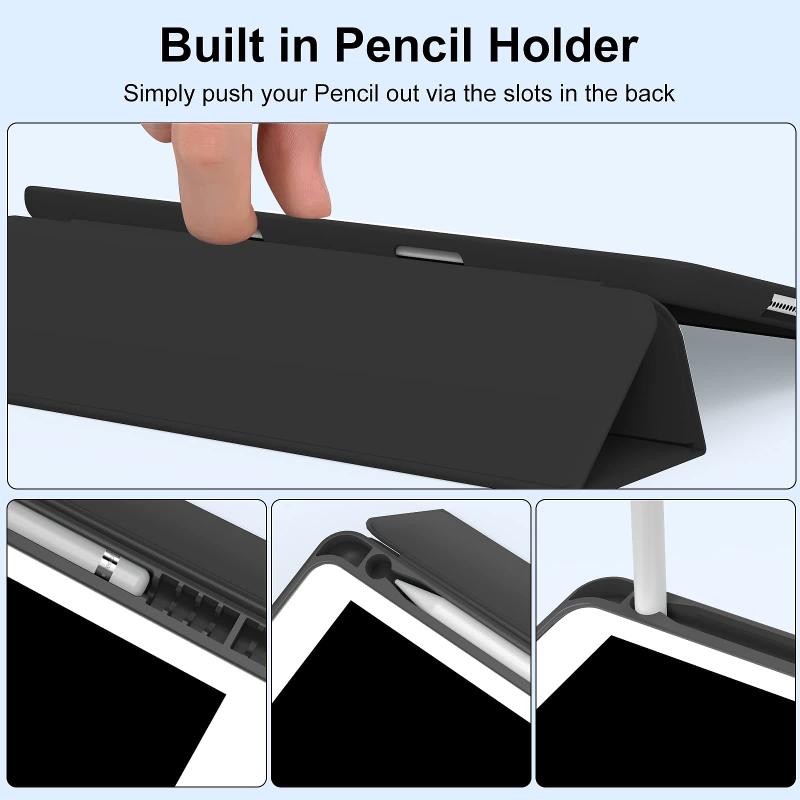 Aoub Case Compatible with iPad 10.2 Inch 2021/2020 iPad 9th/8th Generation & 2019 iPad 7th Generation with Pencil Holder, Protective Case with Soft TPU Back, Auto Sleep/Wake Cover, (Black) - Black thumbnail 3