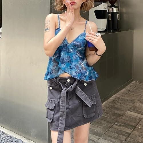 Women's Retro Printed Halter Top,Mesh Pleated Strappy Neck,Stylish Sleeveless Slim Top Base Layer thumbnail 2