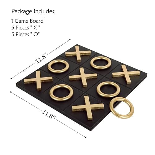 NIKKY HOME 12x12 Inch Tic Tac Toe Wood Game Board Classic Coffee Table Decor Modern Wooden Travel Game for Family, Black & Gold - Black thumbnail 3